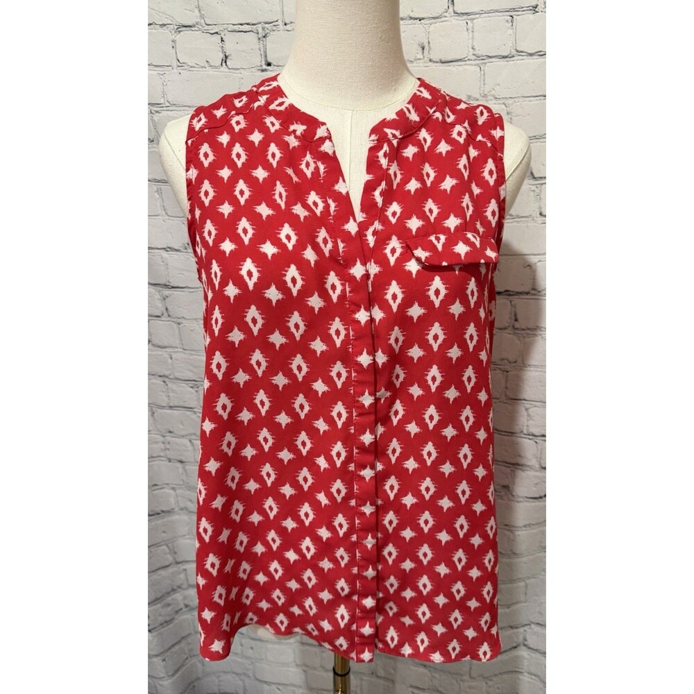 Sami & Jo Women Sleeveless Split Neck Blouse Red White Geometric Pocket Size S